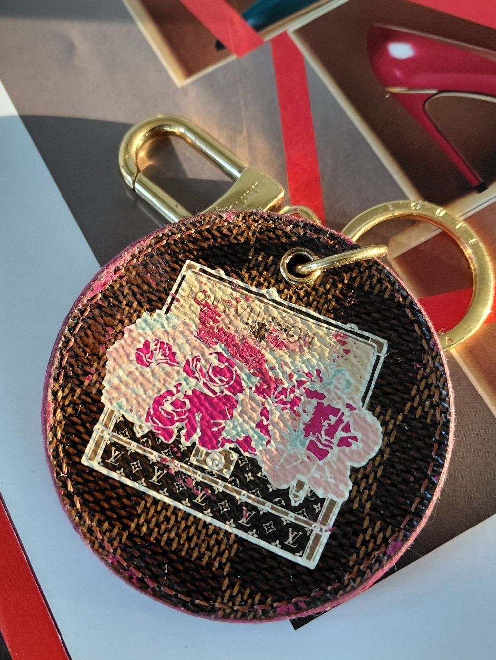 Louis Vuitton Beautiful Brown and Pink Round Key & Holder Charm